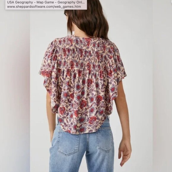 NWT Free People Women's Small Peach Tea Combo Smocked Crop Top Bat Wing Sleeves - Picture 2 of 16